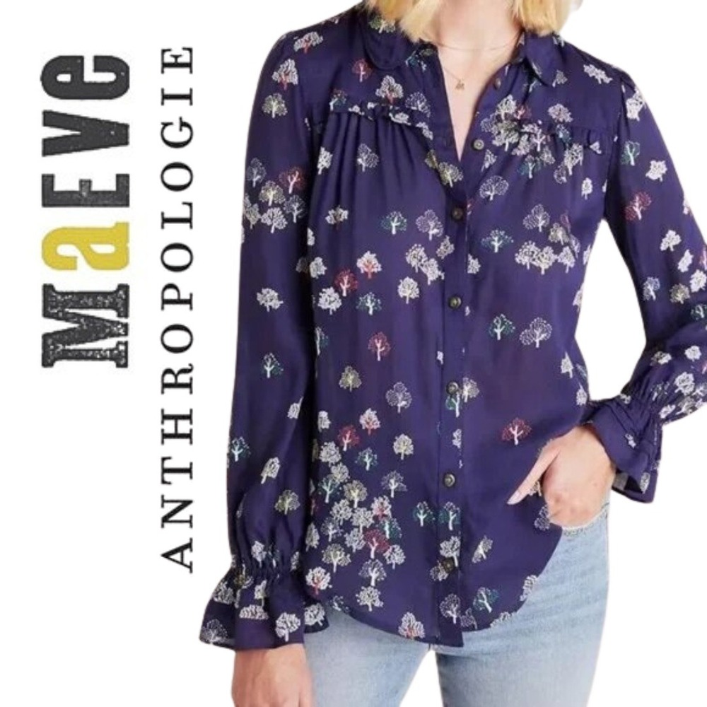 Maeve by Anthropologie Tree Print Button‎ Down Shirt Womens Size 8 Navy